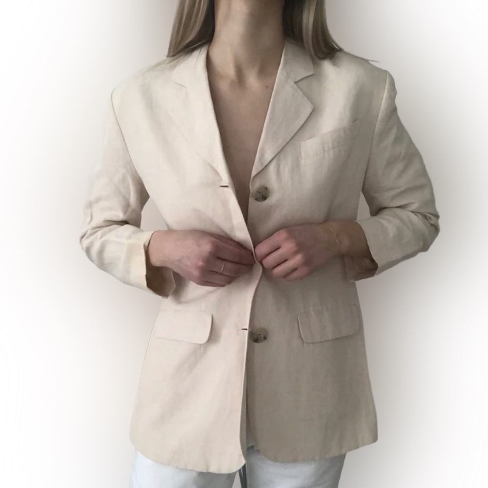 Talbots Beige Linen Blend Blazer Jacket 2 Button Close, Notch Collar Size 6 EUC